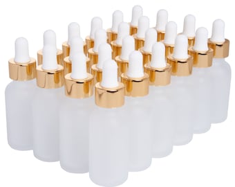 12 Pack Clear Frosted Coated Boston Round Glass Bottles Jar With Gold dropper cap, 1oz