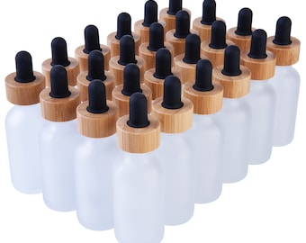 24 Pack Clear Frosted Boston Round Essential Oils Aromatherapy Glass Bottles Jar with Black Bamboo Dropper Cap, 1oz