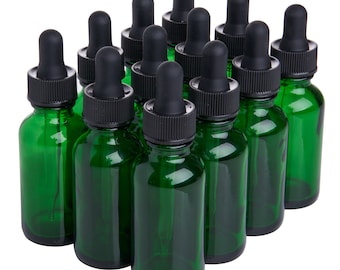 24 Pack Green Boston Round Glass Bottles Jar With Black dropper cap, 1oz