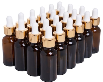 24 Pack Amber Boston Round Glass Bottles Jar With Gold dropper cap, 1oz