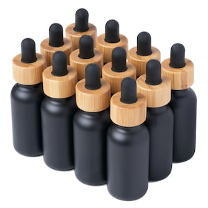 100 Pack Black Coated Boston Round Glass Bottles Jar With Bamboo Black dropper cap, 1oz