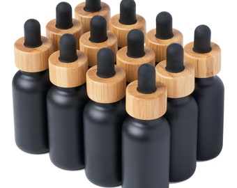 100 Pack Black Coated Boston Round Glass Bottles Jar With Bamboo Black dropper cap, 1oz