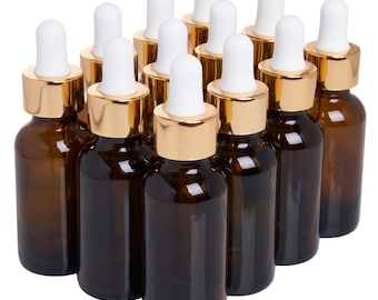 12 Pack Amber Boston Round Glass Bottles Jar With Gold dropper cap, 1oz