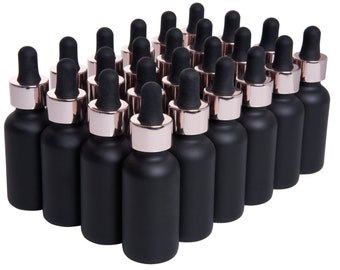 24 Pack Black Coated Boston Round Glass Bottles Jar With Rose Gold dropper cap, 1oz