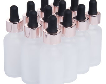 12 Pack Clear Frosted Coated Boston Round Glass Bottles Jar With Rose Gold dropper cap, 1oz