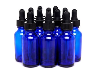 12 Pack Cobalt Blue Boston Round Glass Bottles Jar With Black dropper cap, 1oz