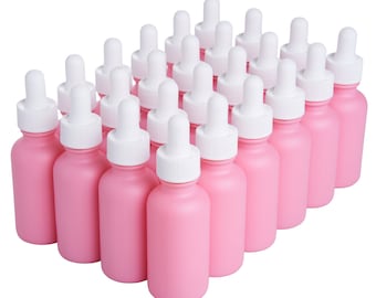 24 Pink with White Dropper Coated 1 oz Glass Boston Round Dropper Bottles For Essential Oils, Aromatherapy and Skin Care
