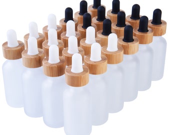 24 Pack Clear Frosted Boston Round Essential Oils Aromatherapy Glass Bottles Jar with Black & White Bamboo Dropper Cap, 1oz