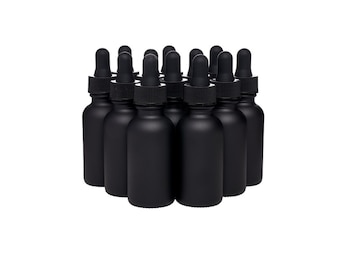 12 Pack Black Coated Boston Round Glass Bottles Jar With Black dropper cap, 1oz
