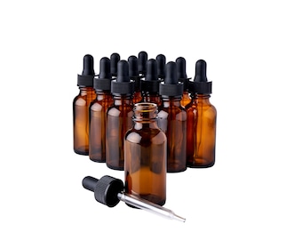Amber Boston Round Glass Bottles Jar With Black eye dropper cap, 1oz 12 Pack - Perfect for Essential Oils and Travel Containers
