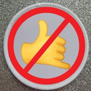 May include: A white circle with a red diagonal line through it. Inside the circle is a yellow hand making the "call me" gesture.