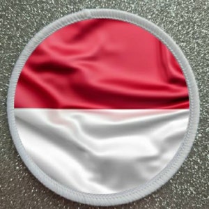 May include: A white and red fabric patch with a white border. The patch features a red and white flag with a wavy texture.