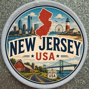 May include: Circular patch featuring a scenic illustration of New Jersey, USA. The design includes a red outline of the state, a cityscape, a lighthouse, a Ferris wheel, a bridge, and the text "NEW JERSEY USA". The patch has a white border.