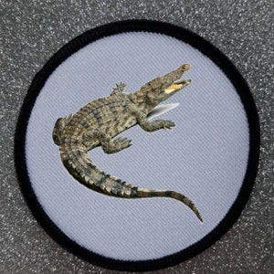 May include: Circular patch with a detailed illustration of a crocodile. The reptile is shown in shades of green and brown, with its mouth open. The patch has a light blue background and a black border.