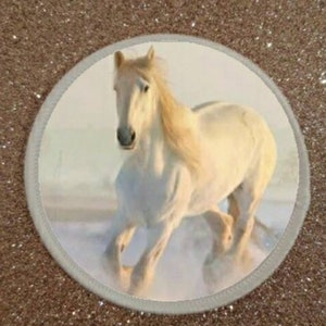 Può includere: Un cavallo bianco con una lunga criniera fluente corre attraverso un campo nebbioso. Il cavallo è in movimento, con le gambe distese e la testa alta.