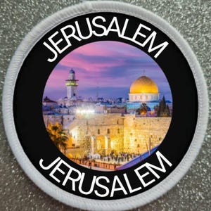May include: Circular patch featuring a vibrant image of Jerusalem's cityscape, including the Dome of the Rock and other historical structures. The word "JERUSALEM" is arched in white text around the black border of the patch.