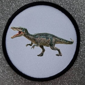 Op de afbeelding: Een ronde witte patch met een zwarte rand met daarop een groene en grijze dinosaurus op een witte achtergrond.