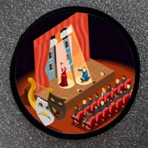 Könnte beinhalten: Ein runder Patch mit schwarzem Rand, der eine Bühne mit roten Vorhängen, zwei darstellende Schauspieler und einen Scheinwerfer zeigt, der auf sie gerichtet ist. Die Bühne ist von einem Publikum umgeben, das auf roten Sitzen sitzt. Der Patch zeigt auch eine Harfe und zwei Theatermasken.