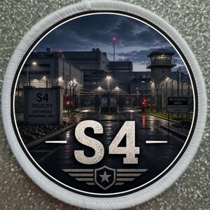 May include: A circular patch with a detailed illustration of a facility at night. The patch features the text "S4" in large, bold letters, along with the words "S4 Facility Authorized Personnel Only" and "Restricted Area".