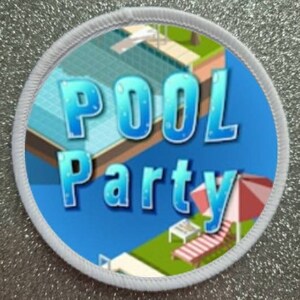 May include: A white round patch with a blue background and the text "POOL PARTY" in white and blue letters. The background image shows a swimming pool with a diving board and a lounge chair under a red and white striped umbrella.