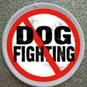 May include: A white circle with a red diagonal line through it. The words "DOG FIGHTING" are written in black letters inside the circle.