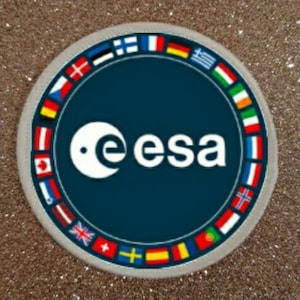 May include: A round, white sticker with a blue circle in the centre. The blue circle has a white 'e' and a white crescent moon with a small white dot in the centre. The text 'esa' is in white letters on the blue circle. The sticker is surrounded by a ring of flags representing the countries that are members of the European Space Agency.