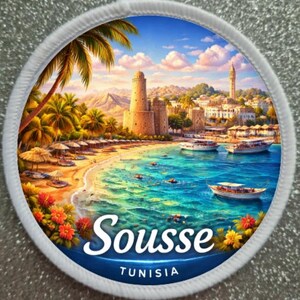 Puede incluir: Parche redondo que representa una escena costera con una playa, barcos y edificios. El parche tiene un borde blanco e incluye el texto "Sousse TUNISIA" en una pancarta azul. La imagen muestra palmeras, una playa de arena y un mar azul claro.