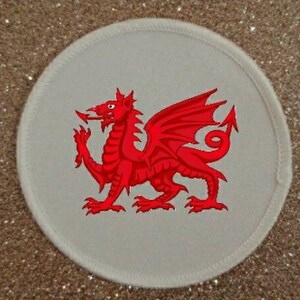 Può includere: Un cerotto rotondo bianco con un drago rosso con ali e una lunga coda. Il drago è il simbolo del Galles.