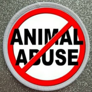 以下が含まれることがあります： 赤い斜線が引かれた白い円。円の中に「ANIMAL ABUSE」という黒い文字が書かれている。