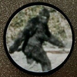 Può includere: Un'immagine sfocata in bianco e nero di una grande creatura pelosa che cammina attraverso un'area boscosa. La creatura è spesso chiamata Bigfoot o Sasquatch.