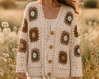 Wzór na szydełkowy kardigan Grandma Square w formacie PDF, obszerny sweter boho, kardigan z motywem kwiatowym, wersja cyfrowa XS–3XL do pobrania natychmiast