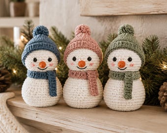 Wzór PDF na szydełkowego bałwana, zimowe trio amigurumi z czapkami i szalikami, uroczy bałwanek, łatwy wzór PDF