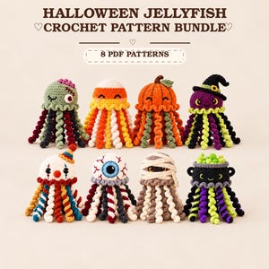 Puede incluir: Un paquete de patrones de ganchillo de medusas de Halloween con 8 patrones en PDF. La imagen muestra ocho juguetes de medusas tejidos a ganchillo con temas que incluyen un zombi, maíz dulce, calabaza, bruja, payaso, globo ocular, momia y un caldero negro.