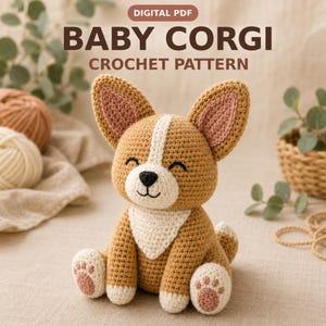 Puede incluir: Un patrón de ganchillo titulado DIGITAL PDF BABY CORGI CROCHET PATTERN que muestra un juguete de corgi tejido en color canela y blanco con orejas grandes y puntiagudas, una mancha blanca en el pecho y almohadillas rosas en las patas.