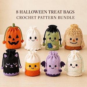 May include: Eight crochet treat bags featuring Halloween designs including a pumpkin, ghost, monster, scarecrow, black cat, candy corn, bat, and mummy. The text 8 HALLOWEEN TREAT BAGS CROCHET PATTERN BUNDLE is displayed above the colorful yarn bags.