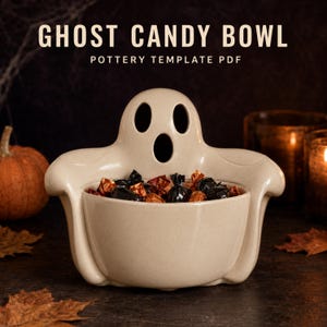 May include: A beige ceramic candy bowl shaped like a ghost with cutouts for eyes and a mouth, filled with wrapped candies. The text GHOST CANDY BOWL POTTERY TEMPLATE PDF is displayed above the bowl in a light-colored sans-serif font.