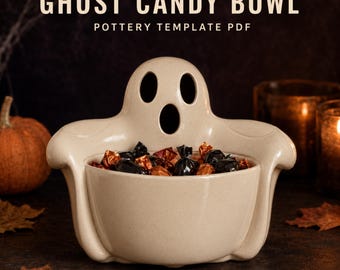 Szablon do ceramiki w kształcie misy z cukierkami w kształcie ducha (PDF), wzór na płytę ceramiczną na Halloween, samouczek budowy płyty, przewodnik po ceramice w kształcie płyty na Halloween (PDF)