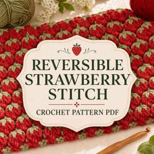 May include: A crochet pattern PDF featuring a repeating strawberry stitch design in red and green yarn. The central label displays the text REVERSIBLE STRAWBERRY STITCH CROCHET PATTERN PDF with a small strawberry icon and a wooden crochet hook below.