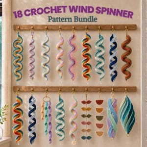 Pacchetto PDF con 18 modelli di girandole all'uncinetto, decorazioni a spirale da appendere, modelli all'uncinetto in stile boho pastello arcobaleno, download digitale.
