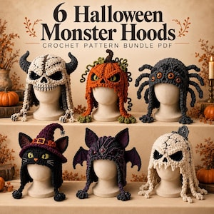 May include: A digital PDF crochet pattern bundle titled 6 Halloween Monster Hoods featuring six distinct designs: a skull with horns, a pumpkin, a spider, a cat in a witch hat, a bat, and a skull with a tombstone.