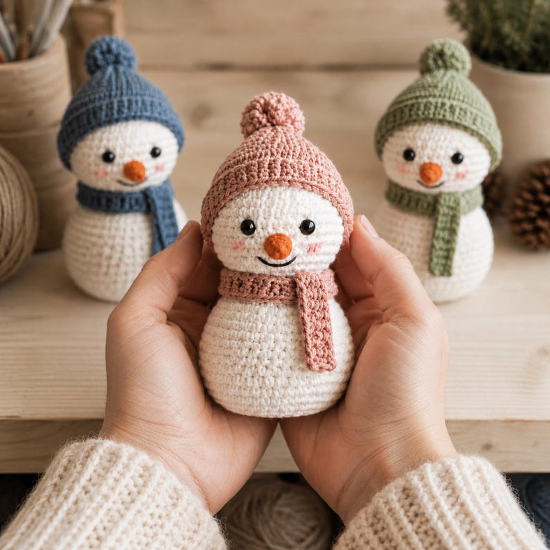 Crochet Snowman Friends PDF Pattern, Amigurumi Winter Trio with Hats and Scarves, Cute Snowman Crochet Easy Pattern PDF