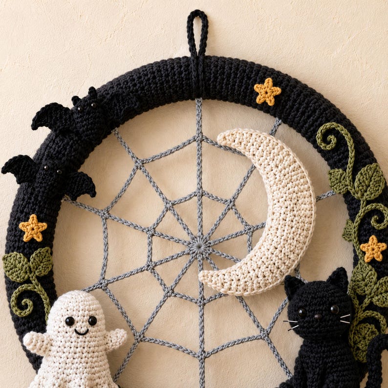 Crochet Halloween Wreath Pattern PDF, Ghost Pumpkin Black Cat Spiderweb, Gothic Door Decor, Fall Witch Crochet PDF Digital Download