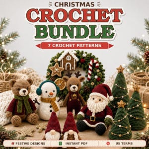 Puede incluir: Un conjunto de ganchillo navideño con siete patrones que incluyen un oso de peluche, muñeco de nieve, reno, Santa Claus, dos gnomos y tres árboles de Navidad. El texto dice CHRISTMAS CROCHET BUNDLE, 7 CROCHET PATTERNS, FESTIVE DESIGNS, INSTANT PDF, US TERMS.