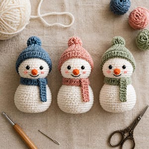 Crochet Snowman Friends PDF Pattern, Amigurumi Winter Trio with Hats and Scarves, Cute Snowman Crochet Easy Pattern PDF