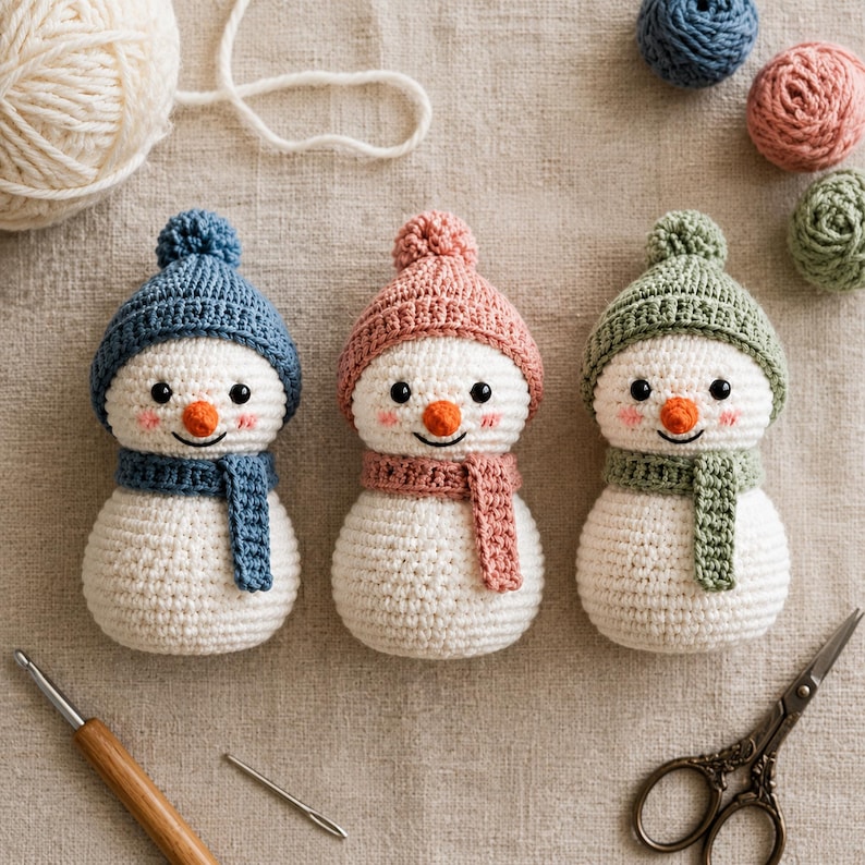 Crochet Snowman Friends PDF Pattern, Amigurumi Winter Trio with Hats and Scarves, Cute Snowman Crochet Easy Pattern PDF