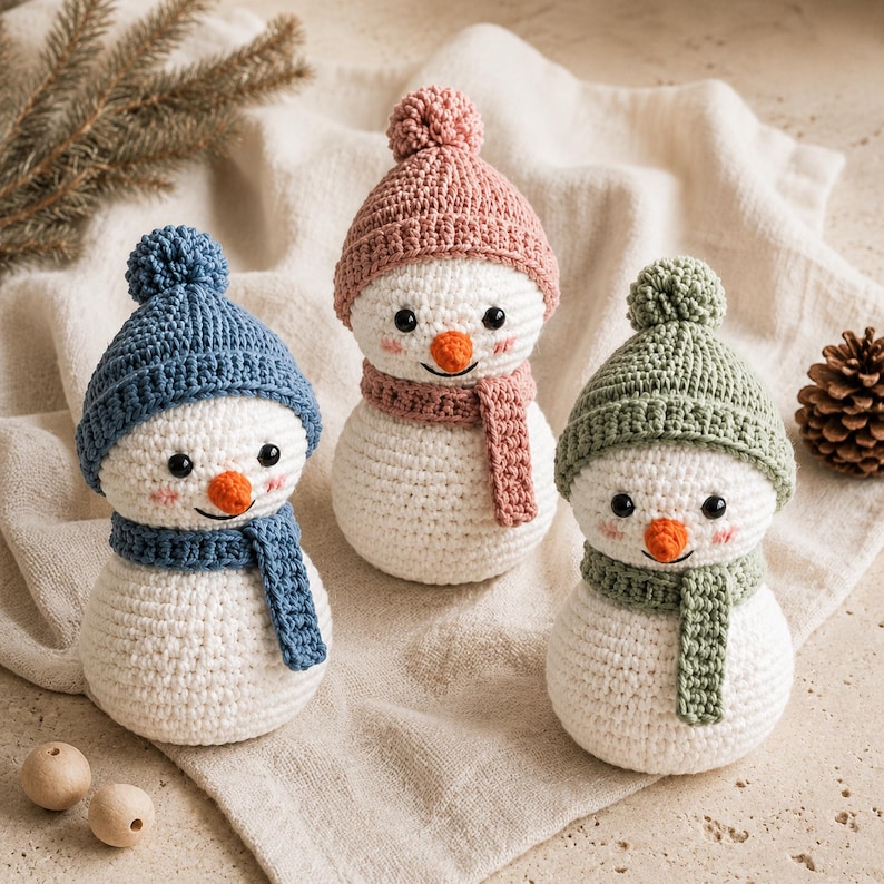 Crochet Snowman Friends PDF Pattern, Amigurumi Winter Trio with Hats and Scarves, Cute Snowman Crochet Easy Pattern PDF