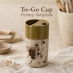 May include: A cylindrical ceramic cup with a two-tone finish, featuring a solid olive green top section and a speckled cream and dark brown bottom. The rim has a partial cover with a small circular opening. Text reads To-Go Cup Pottery Template.