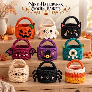 Puede incluir: Nueve cestas de ganchillo para Halloween con varios diseños que incluyen una calabaza, un fantasma, un gato negro, un murciélago, un sombrero de bruja, un monstruo, una momia, una araña y un caramelo. Cada cesta tiene un asa de lana.