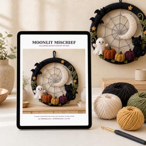 Crochet Halloween Wreath Pattern PDF, Ghost Pumpkin Black Cat Spiderweb, Gothic Door Decor, Fall Witch Crochet PDF Digital Download