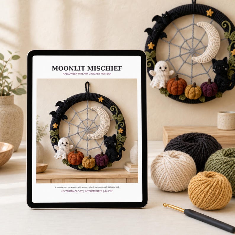 Crochet Halloween Wreath Pattern PDF, Ghost Pumpkin Black Cat Spiderweb, Gothic Door Decor, Fall Witch Crochet PDF Digital Download